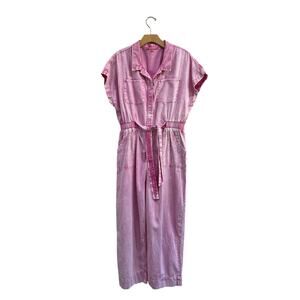 Simply Southern Pink Garment Dyed Denim Jumpsuit Tie Waist Cotton L